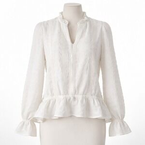 Hiatus White Textured Peplum Blouse Ruffle Lace L Boho Peasant Victorian Peplum